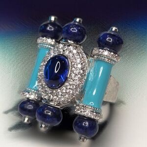Exquisite High-end Rhodium Plated Turquoise Enamel Sapphire Glass Cabochon Ring